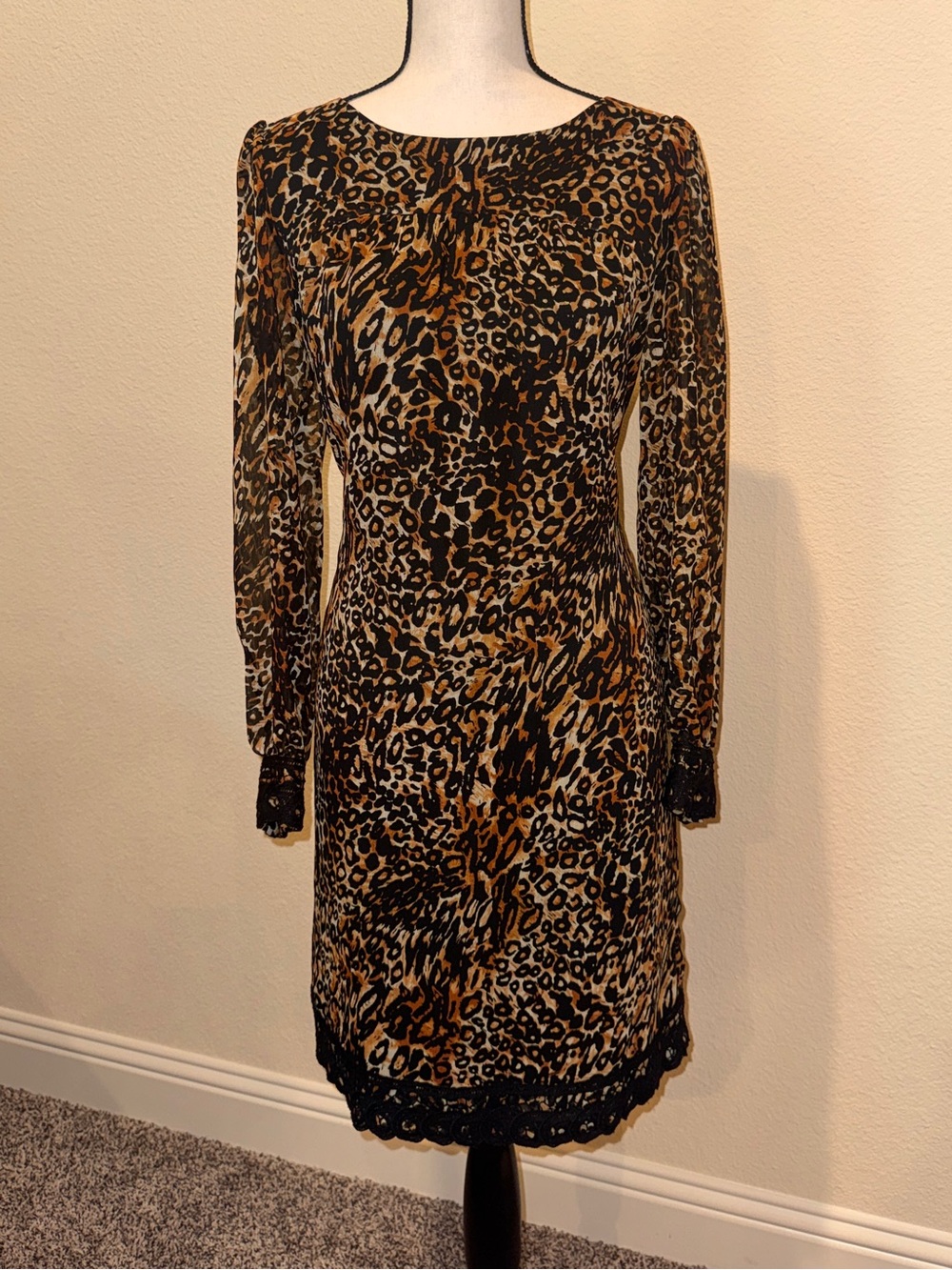 Tahari ASL Leopard-Print Long Sleeve Dress with Black Lace Trim